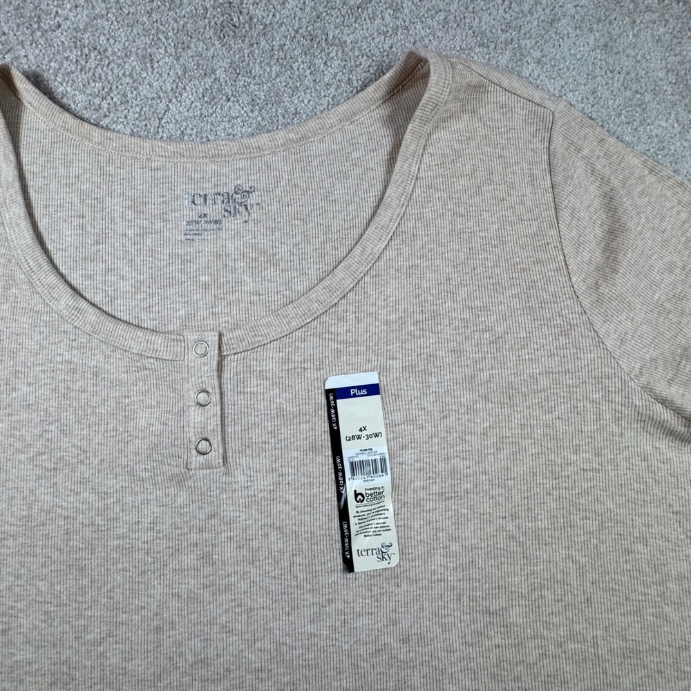 Terra Sky Womens 4X Oatmeal Heather Ribbed Henley Short Sleeve Tee Plus Size NEW